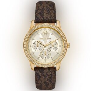 Michael Kors Tibby Multifunction Gold Watch with Brown Leather Strap #MK6966